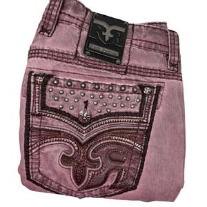 Rock Revival Men's 40 Reid Biker Burgandy Wash Denim Jeans Moto Style Grunge NEW